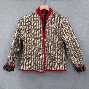 Khangura Reversible Zig-Zag Jacket Women Medium Cream Red Quilted Jacquard Artsy